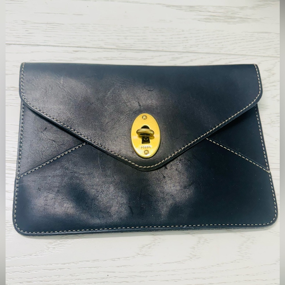Fossil Navy Leather Clutch with Gold Accent